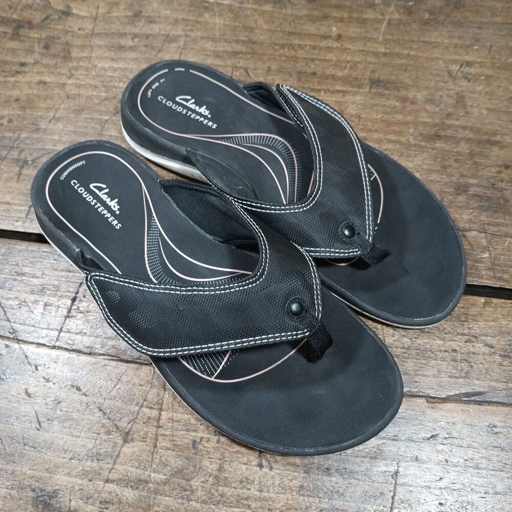 CLOUDSTEPPERS Clarks Sz 10 M Sandals Shoes Hook Loop Black Flip Flop